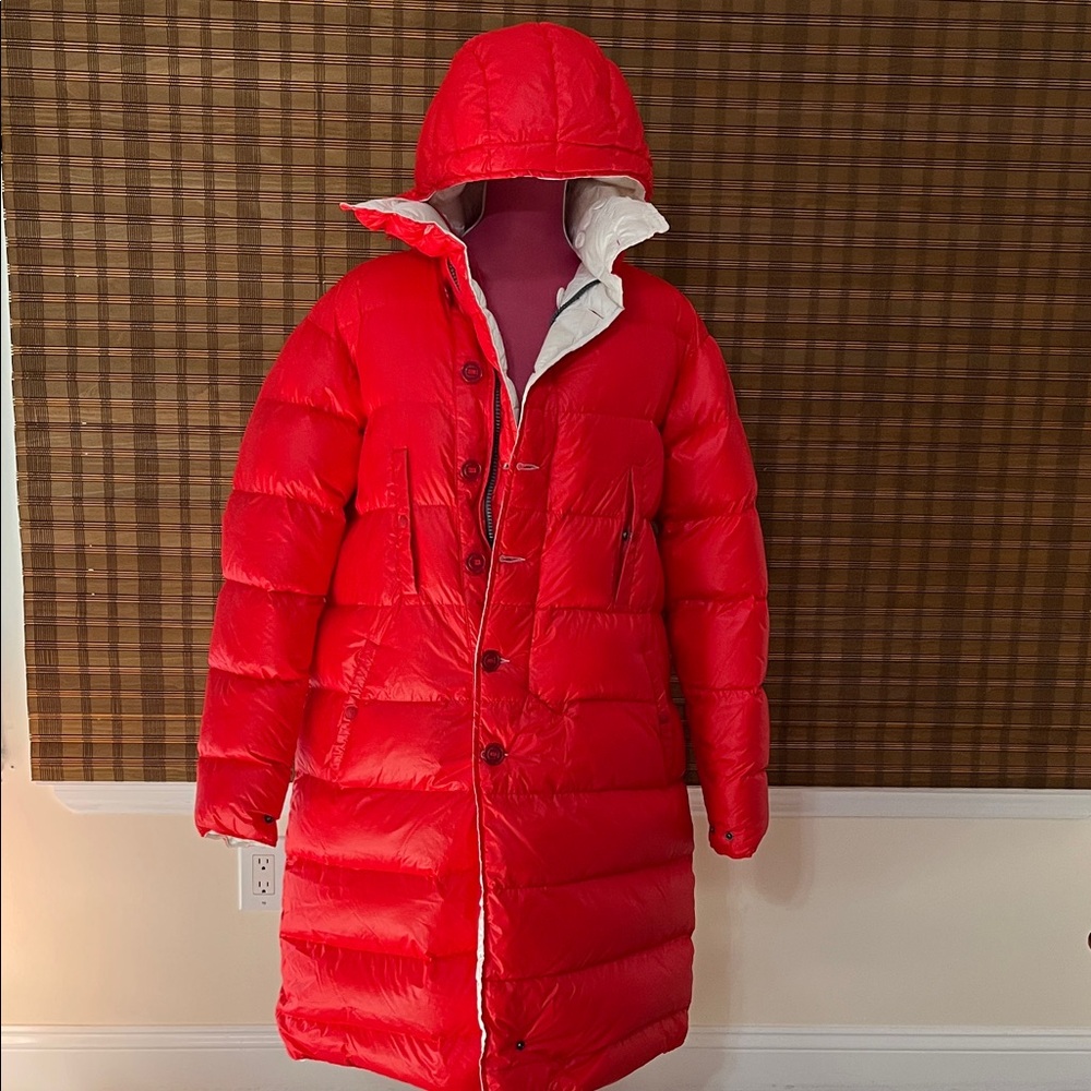 R13 Reversible Red and White long Puffer Anorak Jacket. - Picture 6 of 15